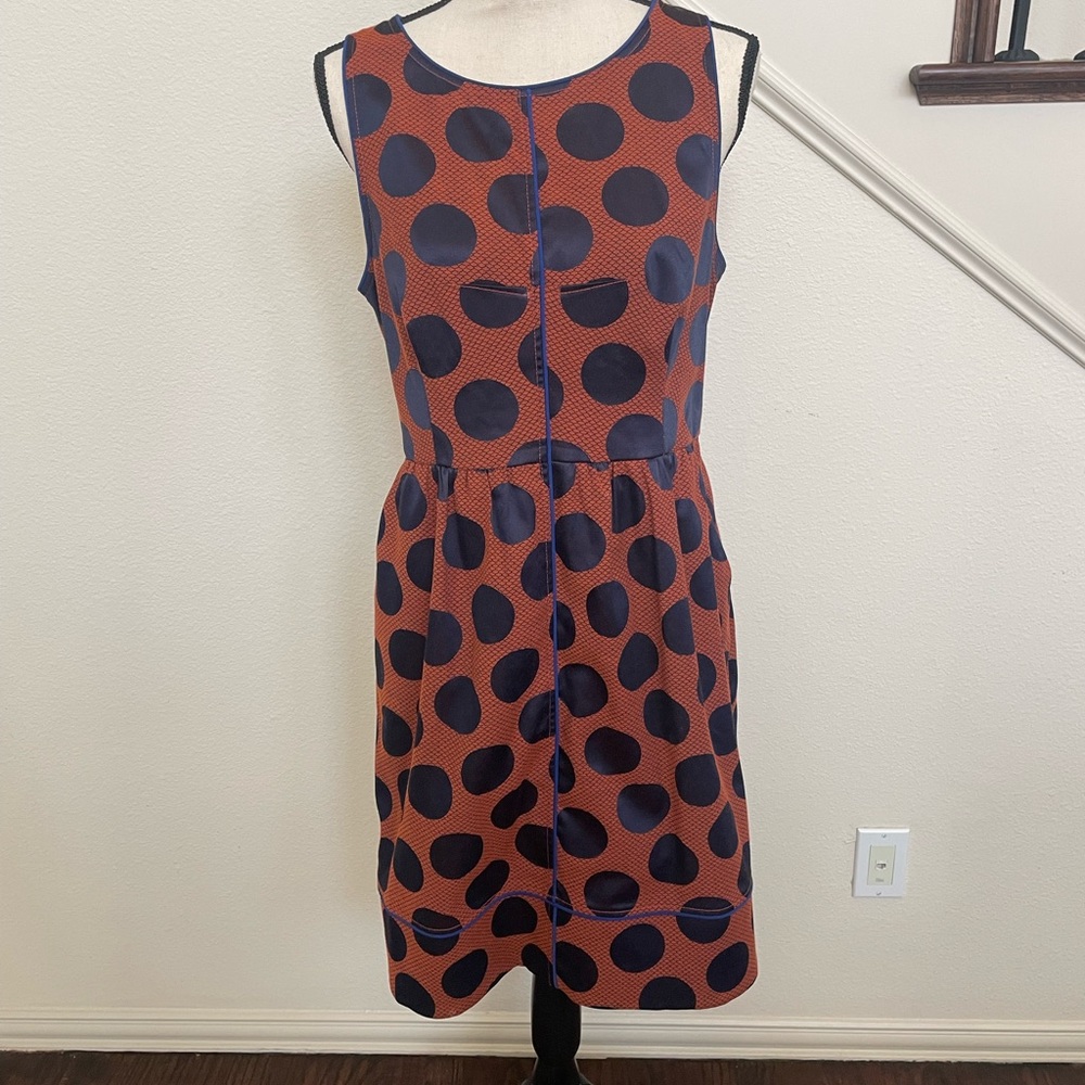 Maeve Orange and Blue Polka Dot Knee-length dress,fitted waist,lined,pockets